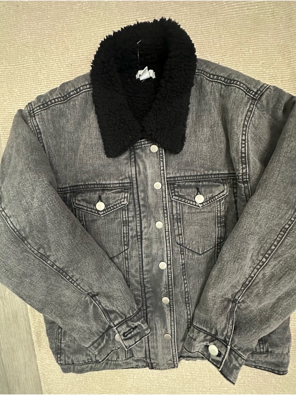 Forever 21 Grey Wash Denim Jacket with Black Sherpa Collar